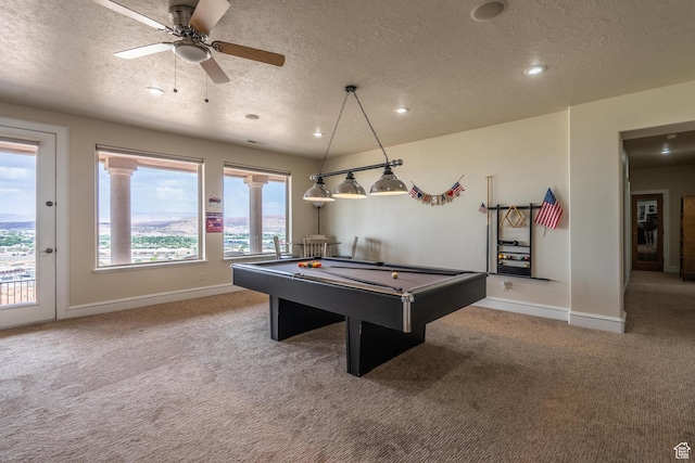 16 N Lions Head Cir, Washington, UT 84780 - recreation room with carpet flooring, a textured ceiling, pool table, ceiling fan, and recessed lighting