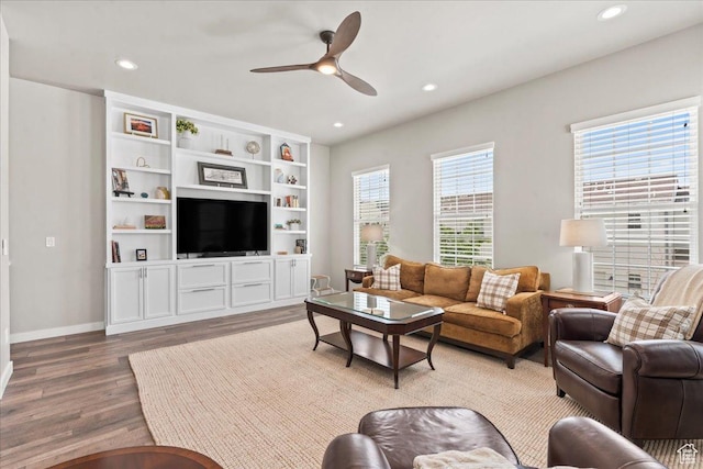 5328 W S Jordan Pkwy S, South Jordan, UT 84009 - living area with wood finished floors, a ceiling fan, and recessed lighting
