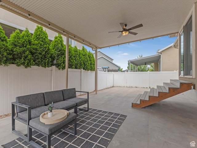 2296 S 2040 W, Woods Cross, UT 84087 - fenced backyard featuring an outdoor living space, a patio area, and ceiling fan