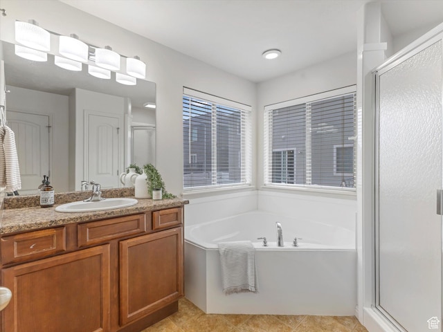 2296 S 2040 W, Woods Cross, UT 84087 - bathroom featuring vanity, a bath, a shower stall, and tile patterned flooring