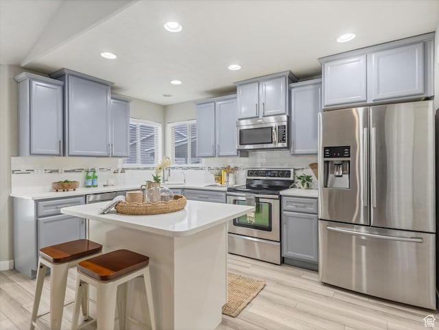 2296 S 2040 W, Woods Cross, UT 84087 - kitchen featuring stainless steel appliances, gray cabinetry, backsplash, light wood-style floors, and recessed lighting