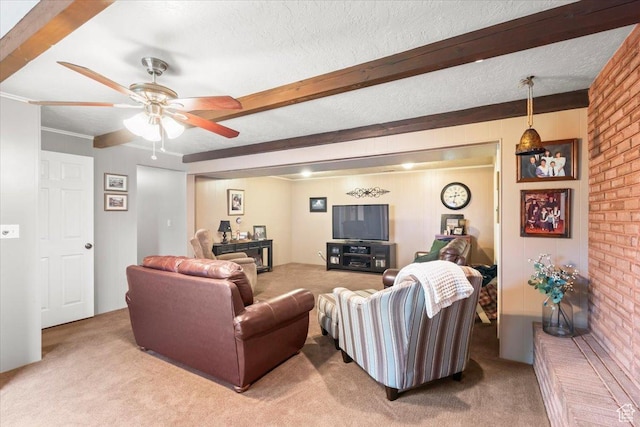 388 S Golden Circle Dr E, Fruit Heights, UT 84037 - living room with light colored carpet, ceiling fan, beamed ceiling, and a textured ceiling