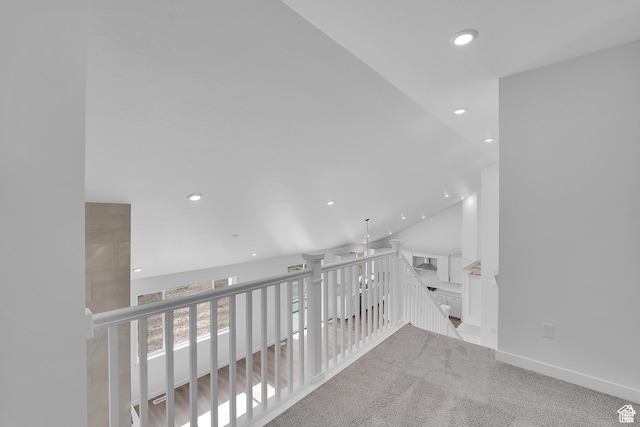 1089 S 3170 E Unit 205, Spanish Fork, UT 84660 - hallway with recessed lighting, an upstairs landing, carpet floors, and lofted ceiling