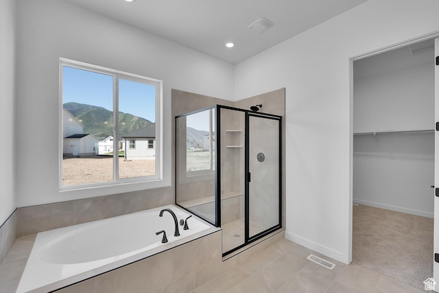 1147 S 3170 E Unit 207, Spanish Fork, UT 84660 - full bath with a garden tub, a shower stall, a spacious closet, a mountain view, and recessed lighting