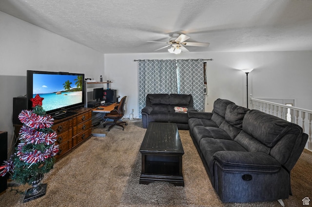 308 W 1050 N, Logan, UT 84321 - carpeted living room featuring ceiling fan, an office area, and a textured ceiling