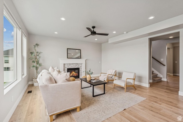 4269 W 2025 S, West Haven, UT 84401 - living area with ceiling fan, a fireplace, stairway, recessed lighting, and light wood-style flooring