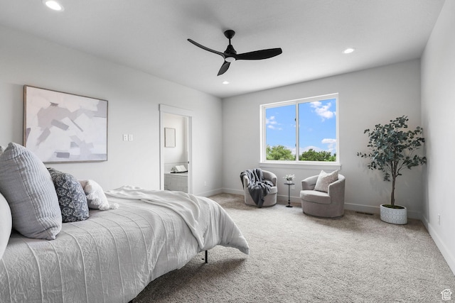 3071 N Mountain Rd Unit 4, North Ogden, UT 84414 - bedroom featuring carpet floors, recessed lighting, a ceiling fan, and connected bathroom