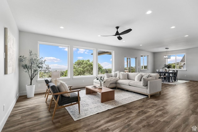 3071 N Mountain Rd Unit 4, North Ogden, UT 84414 - living room with recessed lighting, ceiling fan, and dark wood-style floors