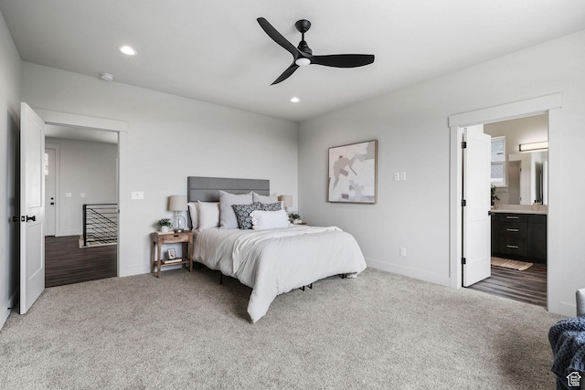 3071 N Mountain Rd Unit 4, North Ogden, UT 84414 - carpeted bedroom featuring recessed lighting, ceiling fan, and ensuite bath