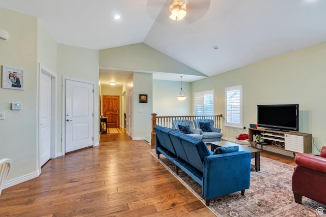 588 S 350 E, Pleasant Grove, UT 84062 - living room featuring ceiling fan, lofted ceiling, hardwood / wood-style flooring, and recessed lighting
