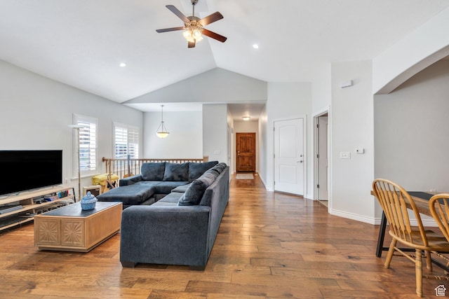 588 S 350 E, Pleasant Grove, UT 84062 - living room with a ceiling fan, arched walkways, lofted ceiling, hardwood / wood-style floors, and recessed lighting