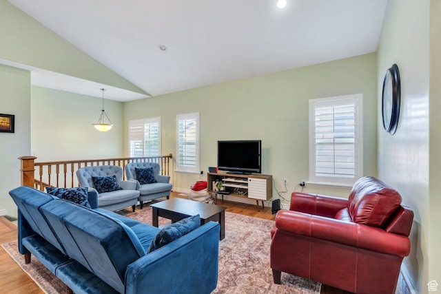 588 S 350 E, Pleasant Grove, UT 84062 - living room featuring wood finished floors, vaulted ceiling, and recessed lighting