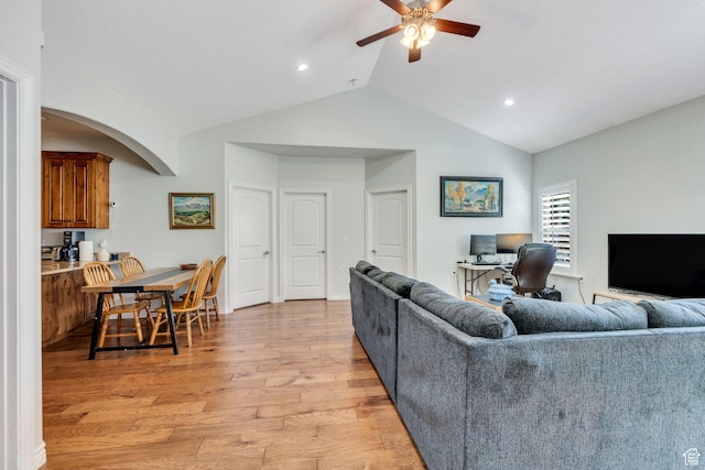 588 S 350 E, Pleasant Grove, UT 84062 - living area with ceiling fan, arched walkways, vaulted ceiling, light wood-style flooring, and recessed lighting
