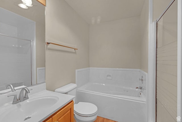 192 N Highland Blvd, Brigham City, UT 84302 - bathroom featuring a garden tub, vanity, a shower stall, and wood finished floors