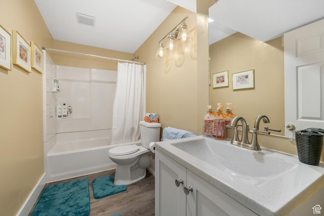 3561 S Jenelles Bay, West Valley City, UT 84119 - bathroom with vanity, wood finished floors, and shower / bath combination with curtain