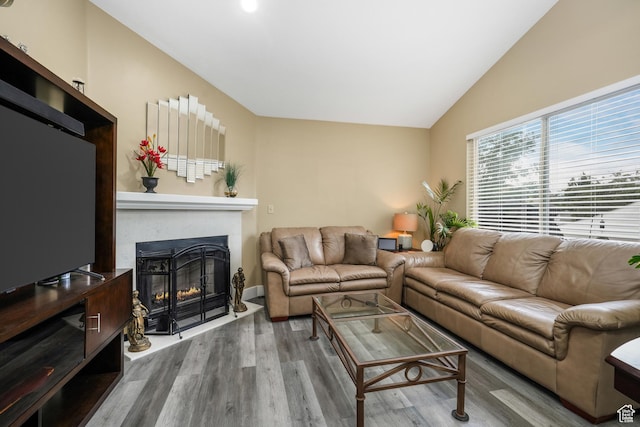 3561 S Jenelles Bay, West Valley City, UT 84119 - living area with a glass covered fireplace, wood finished floors, and lofted ceiling