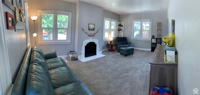 2425 Van Buren Ave, Ogden, UT 84401 - living room with a fireplace with flush hearth and carpet floors