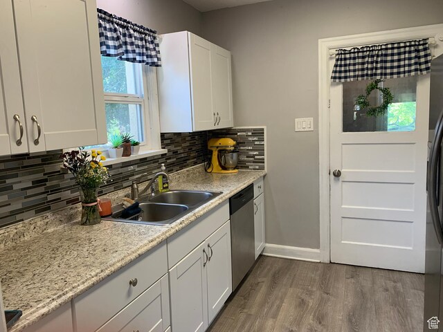 2425 Van Buren Ave, Ogden, UT 84401 - kitchen with dishwasher, dark wood-type flooring, backsplash, white cabinetry, and freestanding refrigerator