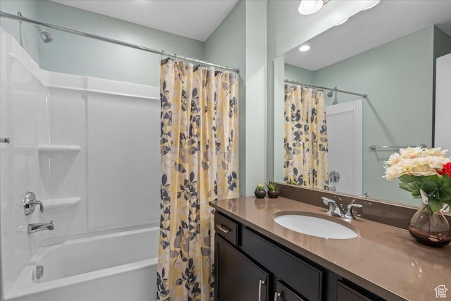 5131 W Mellow Way S, South Jordan, UT 84009 - bathroom with shower / bathtub combination with curtain, vanity, and recessed lighting