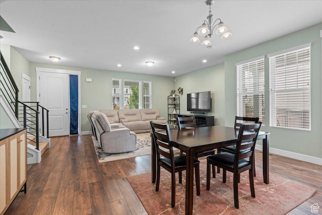 5131 W Mellow Way S, South Jordan, UT 84009 - dining space featuring stairs, dark wood-style flooring, a chandelier, and recessed lighting