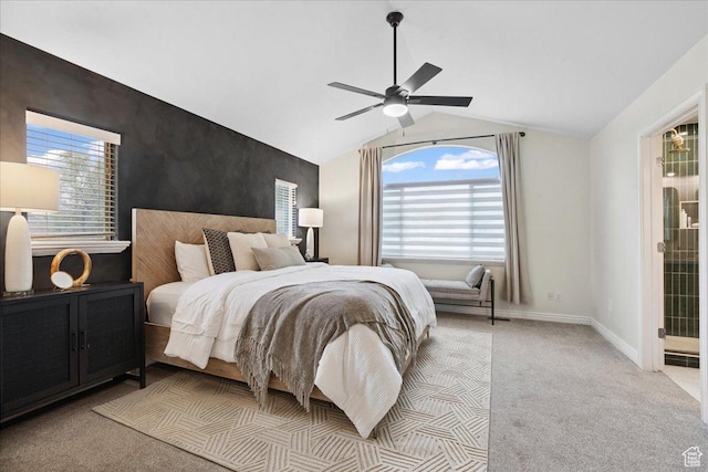 656 W 1310 N, Lehi, UT 84043 - bedroom featuring light colored carpet, multiple windows, vaulted ceiling, and a ceiling fan