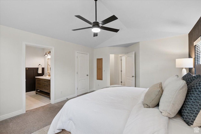 656 W 1310 N, Lehi, UT 84043 - bedroom featuring light colored carpet, vaulted ceiling, ceiling fan, and ensuite bathroom