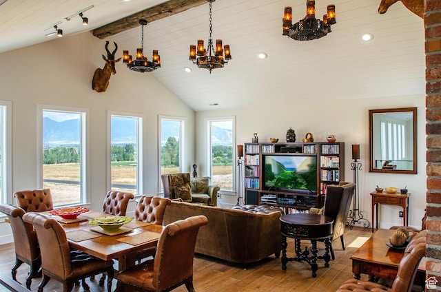 5958 W Sunridge View Ln, Payson, UT 84651 - dining area with a chandelier, light wood-style floors, vaulted ceiling, and recessed lighting