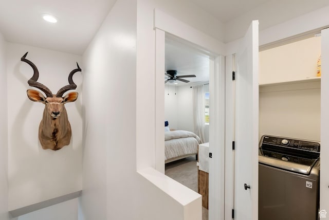 87 E Legacy Dr, Franklin, ID 83237 - laundry room featuring washer / dryer, ceiling fan, and recessed lighting