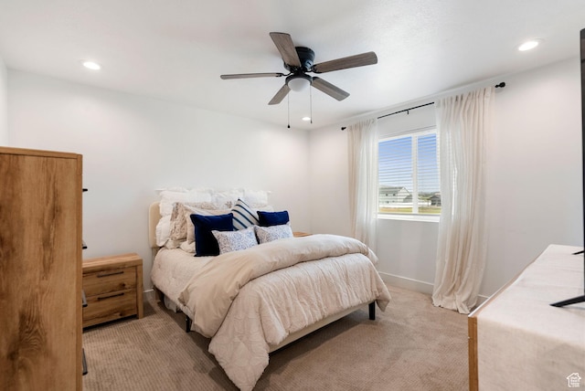 87 E Legacy Dr, Franklin, ID 83237 - bedroom with light carpet, recessed lighting, and a ceiling fan