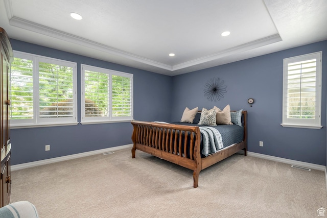 10453 N Canterbury Pl, Highland, UT 84003 - carpeted bedroom with a raised ceiling, multiple windows, crown molding, and recessed lighting