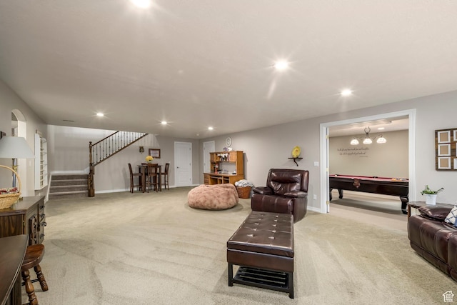 10453 N Canterbury Pl, Highland, UT 84003 - carpeted living area featuring billiards, stairs, and recessed lighting