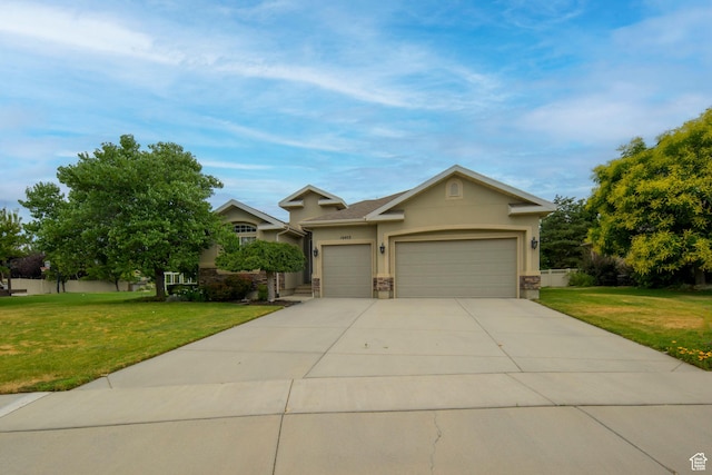 10453 N Canterbury Pl, Highland, UT 84003 - view of front of property with a front yard, an attached garage, stucco siding, and concrete driveway