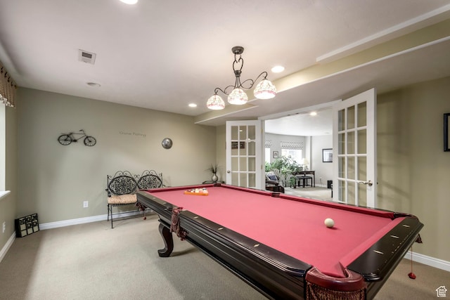 10453 N Canterbury Pl, Highland, UT 84003 - recreation room with french doors, carpet, billiards table, and recessed lighting