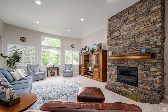 10453 N Canterbury Pl, Highland, UT 84003 - carpeted living room with recessed lighting and a fireplace