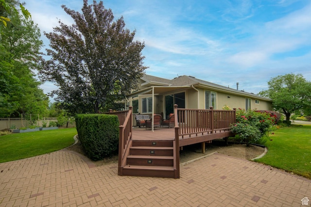 10453 N Canterbury Pl, Highland, UT 84003 - view of front of house with a front lawn, a wooden deck, and a patio area