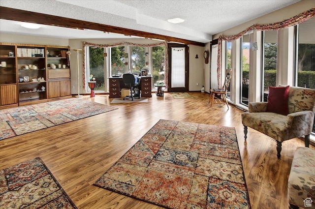 490 E 3475 N, North Ogden, UT 84414 - living room featuring a textured ceiling, a desk, wood finished floors, and beam ceiling