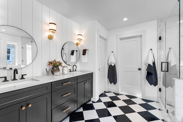 6957 W Farnsworth Peak Dr S Unit 314, West Jordan, UT 84081 - full bath with tile patterned floors, double vanity, a marble finish shower, and recessed lighting