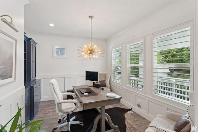 1968 W Silver Leaf Dr S, Mapleton, UT 84664 - office featuring a decorative wall, light wood-style floors, a chandelier, ornamental molding, and a wainscoted wall