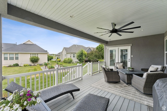 1968 W Silver Leaf Dr S, Mapleton, UT 84664 - wooden deck featuring a ceiling fan, a yard, and a residential view