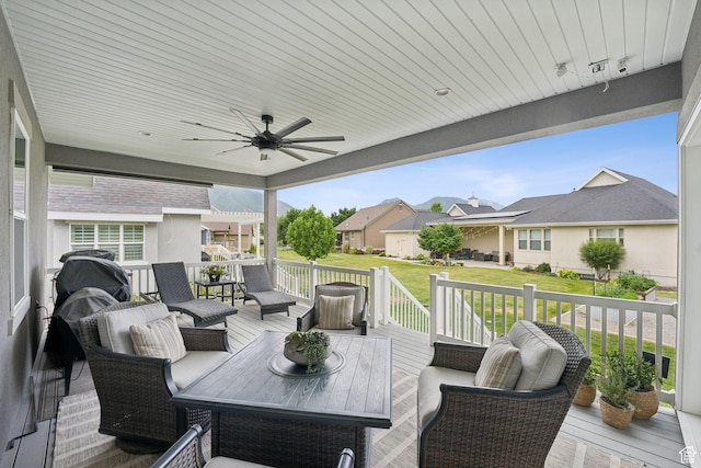 1968 W Silver Leaf Dr S, Mapleton, UT 84664 - wooden deck featuring an outdoor living space, a ceiling fan, a residential view, and a lawn