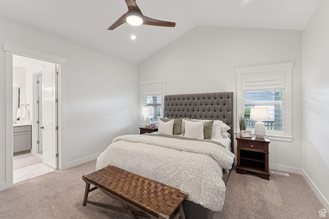 1968 W Silver Leaf Dr S, Mapleton, UT 84664 - bedroom featuring light carpet, vaulted ceiling, ensuite bath, a ceiling fan, and recessed lighting
