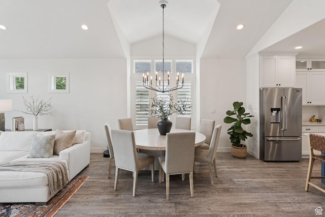 1968 W Silver Leaf Dr S, Mapleton, UT 84664 - dining area with a chandelier, wood finished floors, lofted ceiling, and recessed lighting