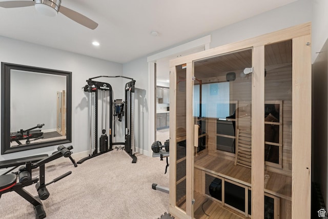1968 W Silver Leaf Dr S, Mapleton, UT 84664 - exercise area featuring ceiling fan, a sauna, carpet floors, and recessed lighting