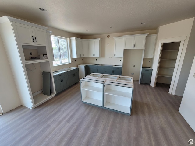 2909 S Richards View Rd Unit 6, Magna, UT 84044 - kitchen featuring open shelves, light wood finished floors, a center island, white cabinets, and a textured ceiling