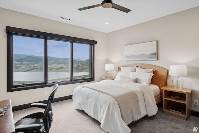 11411 N White Tail Ct, Hideout, UT 84036 - bedroom featuring carpet floors, multiple windows, ceiling fan, recessed lighting, and a mountain view