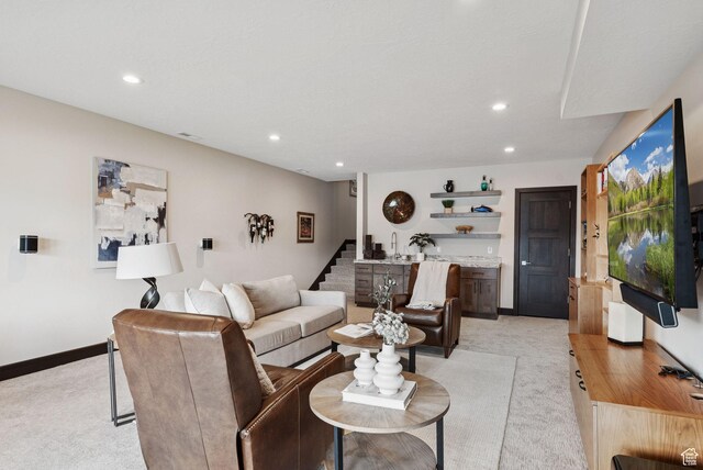 11411 N White Tail Ct, Hideout, UT 84036 - living area with light carpet, stairway, recessed lighting, and bar