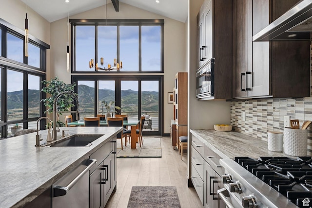 11411 N White Tail Ct, Hideout, UT 84036 - kitchen featuring appliances with stainless steel finishes, a mountain view, light wood-style flooring, high vaulted ceiling, and dark brown cabinetry