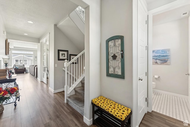 979 N Cold Creek Way, Layton, UT 84041 - hall featuring stairway, dark wood-style floors, recessed lighting, and a textured ceiling