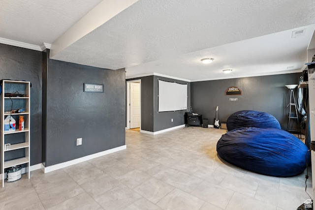 979 N Cold Creek Way, Layton, UT 84041 - cinema with a textured ceiling, crown molding, a textured wall, and a wood stove