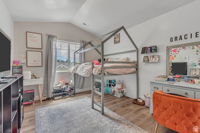 342 W Royal Land Dr, Santaquin, UT 84655 - bedroom featuring lofted ceiling and light wood-style flooring